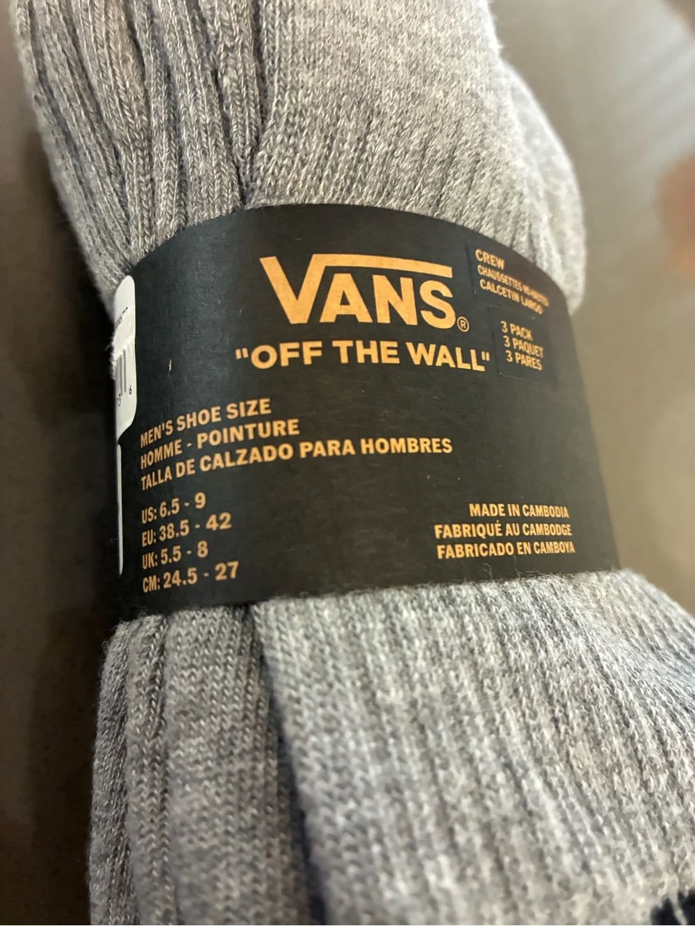 Vans crew 3 pk socks Grey/Black Logo size 6.5-9 New